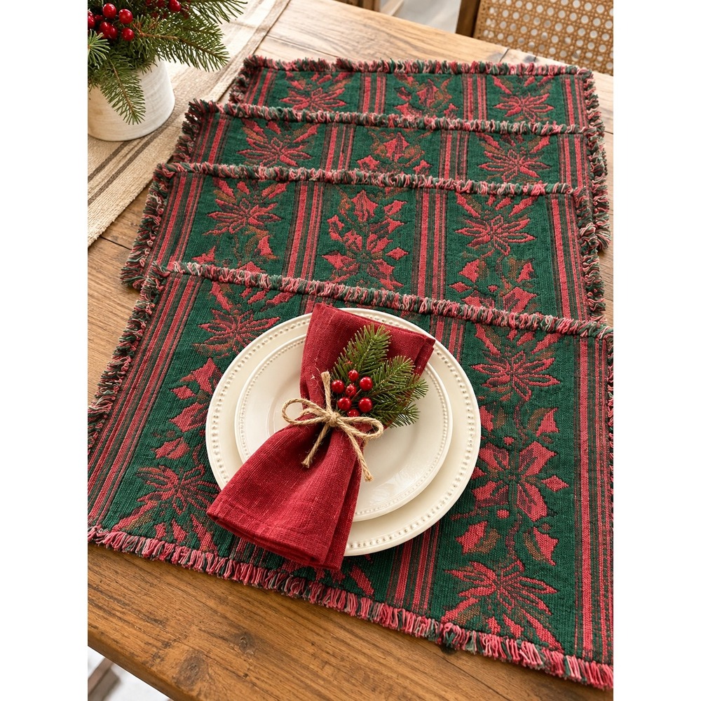 Vintage Christmas Woven Placemats Set of 4 Red Green Holly Poinsettia Fringed